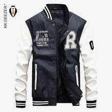 Load image into Gallery viewer, Leather Jacket Men Bomber Baseball Jacket Biker Pu Coat Faux Pilot Varsity Fleece College Top Leather Black Slim Fit Motorcycle