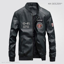 Load image into Gallery viewer, Leather Jacket Men Bomber Baseball Jacket Biker Pu Coat Faux Pilot Varsity Fleece College Top Leather Black Slim Fit Motorcycle