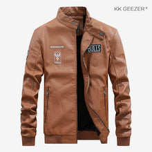 Load image into Gallery viewer, Leather Jacket Men Bomber Baseball Jacket Biker Pu Coat Faux Pilot Varsity Fleece College Top Leather Black Slim Fit Motorcycle