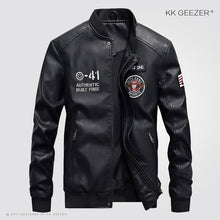 Load image into Gallery viewer, Leather Jacket Men Bomber Baseball Jacket Biker Pu Coat Faux Pilot  Varsity Fleece College Top Leather Black Slim Fit Motorcycle

